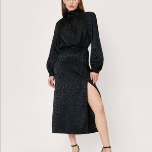 Animal Jacquard Satin High Neck Midi Dress